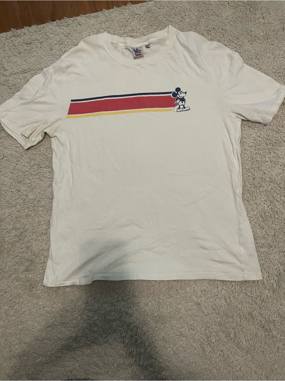 Disney Mickey Mouse White Tee with Navy, Red & Yellow Retro Stripes Vintage
